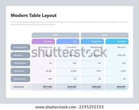 Modern table layout template with a total amount row. Easy to use for your website or presentation.