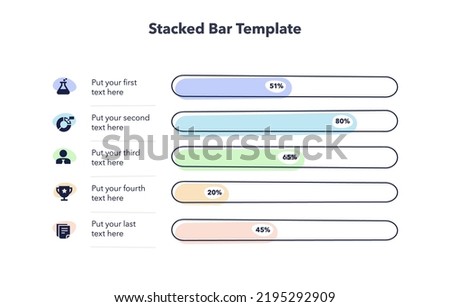 Simple horizontal stacked bar graph template with five options and place for your content.