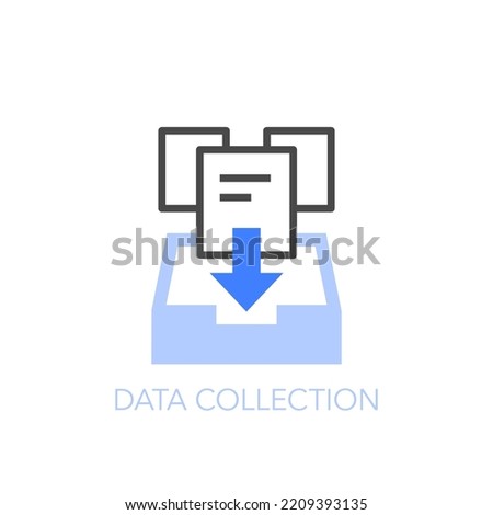 Simple visualised data collection icon symbol with data files and a storage box.