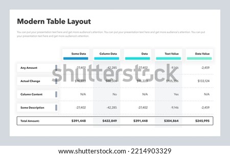 Modern table layout template with a total amount row. Flat infographic design.