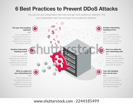 Simple infographic template for 6 best practices to prevent DDoS attacks. 6 stages template with a gunsight and a target server as a main symbol.