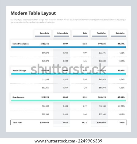 Modern table layout template with a total sum row. Simple flat template for data visualization.