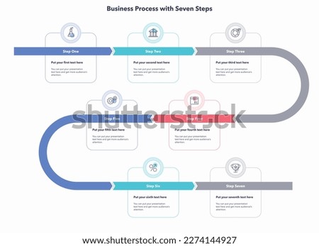 Business process template with seven steps. Creative diagram divided into five steps with minimalistic icons.