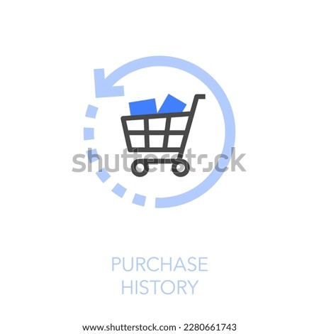 Simple visualised purchase history icon symbol with a shopping cart and a history time arrow.