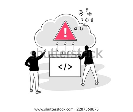 Illustration of cloud third-party threats symbol with two hackers using an insecure API to access a targeted server.