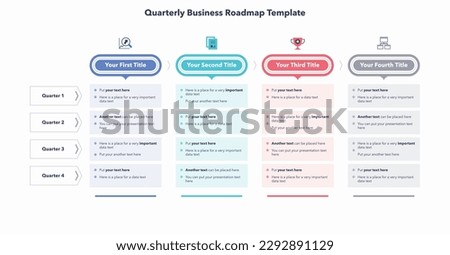 Quarterly business roadmap template with four colorful sections. Flat creative diagram with place for your texts.