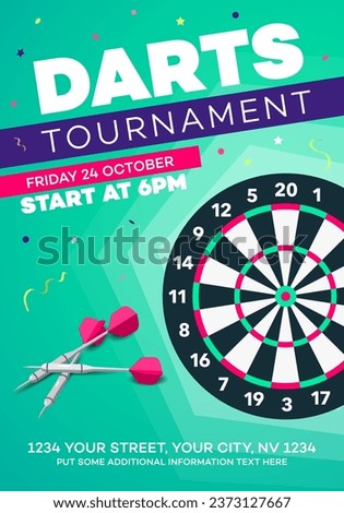 Darts tournament invitation poster template. Modern design for your local club game competition.