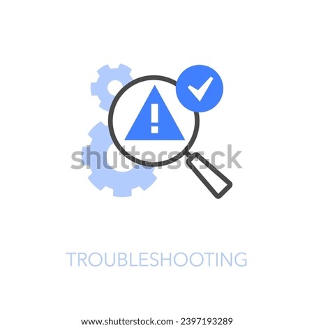 Simple visualised troubleshooting icon symbol with process cogwheels and a magnifying glass determining problem.