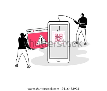 QR code phishing attack symbol with a smartphone scanning a fake qr code and two hackers. Flat design, easy to use for your website or presentation.