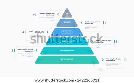 Triangle pyramid chart template with six colorful steps. Infographic diagram divided into six options with numbers.