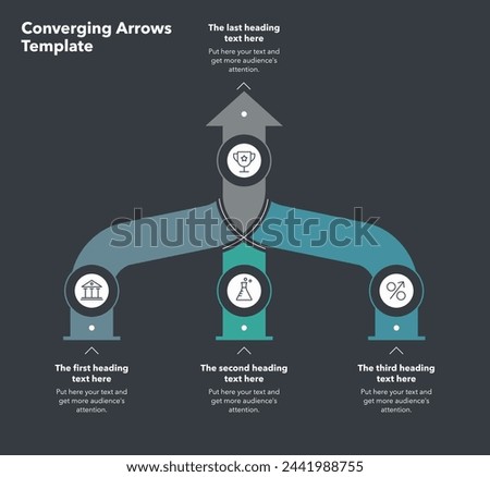Vertical template for converging arrows with three levels - dark version. Flat infographic design for website or data presentation.