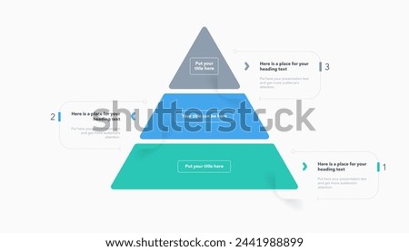 Triangle pyramid chart template with three colorful steps. Infographic diagram divided into three options with numbers.