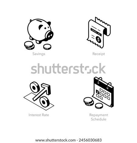 Simple set of isometric line icons for finance 2. Contains such symbols as Savings, Receipt, Interest Rate and Repayment Schedule.