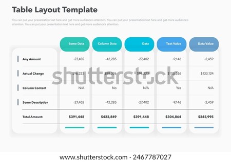 Table layout template with five options and a total amount row. Simple flat template for project data visualization.