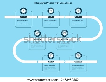 Infographic process diagram divided into seven steps with minimalistic icons - blue version. SImple chart design for workflow layout, diagram, banner, web design.