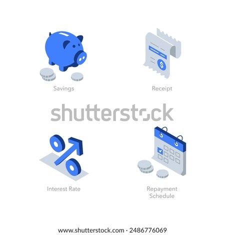 Simple set of isometric flat icons for finance 2. Contains such symbols as Savings, Receipt, Interest Rate and Repayment Schedule.