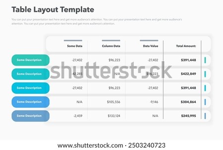 Table layout template with five options and a total amount column. Simple flat template for project data visualization.