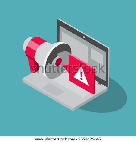 Fake news symbol with a laptop computer and a megaphone with manipulated information. Isometric flat design, easy to use for your website or presentation.