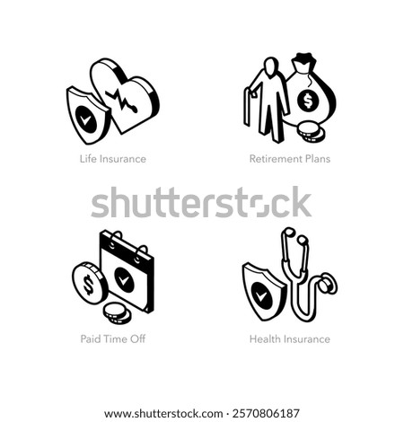 Simple set of isometric line icons for employee benefits. Contains such symbols as Life Insurance, Retirement Plans, Paid Time Off and Health Insurance.