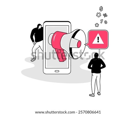 Fake news symbol with a smartphone and a megaphone with manipulated information. Flat design, easy to use for your website or presentation.