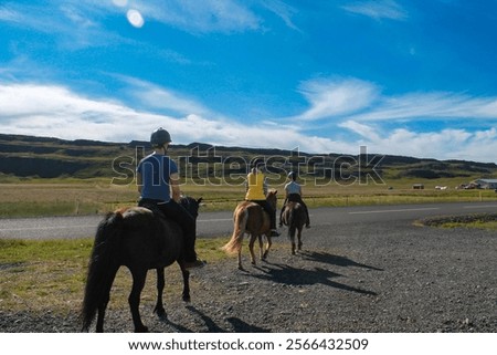 Similar – Image, Stock Photo The three riders and their dogs return after work