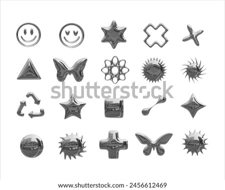 realistic metal symbols in Y2K style. Style 2000s, 90s. Trendy Silver 3D Elements. Popular shapes of stars, butterflies, arrows and emoticons. Metallic set of icons on transparent background.