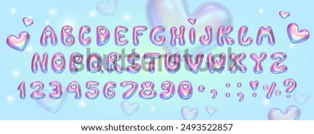 chrome 3D bubble font in y2k style. Festive design with rainbow gradient and hearts. 3d render of the English alphabet with sparkles