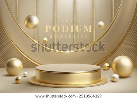 Podium luxury background. Gold 3d podium. Modern, trendy design with decorative metallic balls.