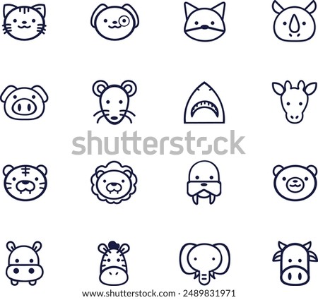 animal icons - a collection of different animals in vector including cat, dog, fox, rhino, mouse, shark, giraffe, tiger, lion, walrus, bear, pig, hippo, zebra, elephant, cow