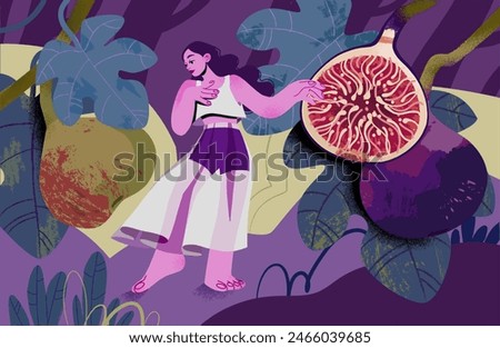 A girl in a skirt walks and dances in a garden of fig trees. Flat vector illustration of a girl and fruits. Ripe figs, leaves and trees.