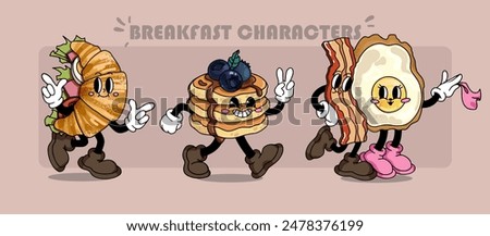 Cartoon food in retro style. Breakfast meals characters in funny 30s style. Doodle gloved croissants, blueberry pancakes and scrambled eggs with bacon in boots