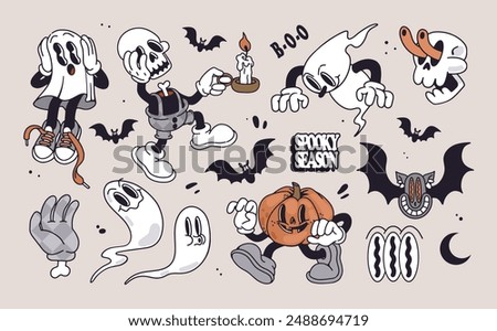 Groovy retro 30s Halloween set. Funky cartoon characters and elements. Gloved ghosts, gloved pumpkin with boots, zombie hand, skeleton boy, bats, skull. Spooky Season. Trendy retro cartoon style.