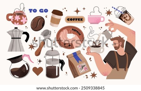 Coffee stickers set, barista character. Kettles, arabica coffee, cup, espresso, cappuccino, beans. Doodle minimalist flat clip art. Perfect for coffee shop adds design.