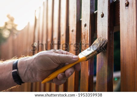 Paint wood stain. Painting protective varnish on wooden picket fence at backyard Foto stock © 