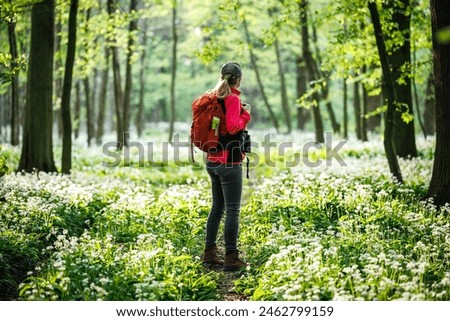 Similar – Image, Stock Photo Woman with backpack and lilac jacket enjoying Haifoss waterfall of Iceland Highlands in Thjorsardalur Valley