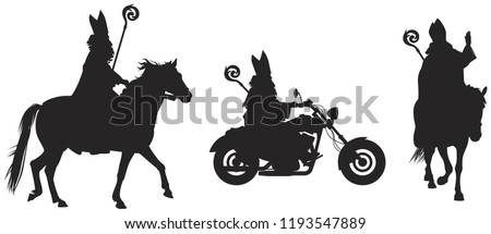 Heilige Nikolaus, Sinterklaas on the horse and bikers' bike vector silhouettes, winter holiday figure based on Saint Nicholas, Bishop of Myra, eve and feast of Saint Nicholas Gift Giver, Santa Claus