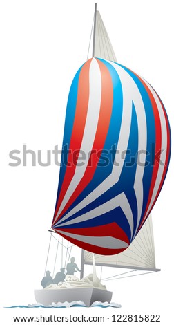 Sailing Yacht with colorful spinnaker, sailboat with the crew on the deck in regatta, sport race vector illustration