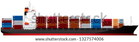 Container ship, containership, cargo ship that carry all loads in truck-size intermodal containers realistic vector illustration