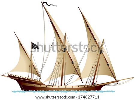 Pirate Ship Xebec, Sailing Ship Under The Black Flag, Mediterranean ...