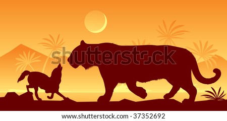 Shere Khan - The Royal Bengal Tiger and Tabaqui - A Golden Jackal.  Moonlight night in India. Palm trees against mountains.