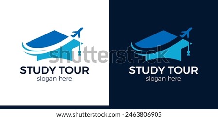 Study tour logo design template. College, Graduate cap, Campus, Education logo with Plane icon. Plane logo. Plane vector. Airplane logo. Airplane icon. Airplane vector.