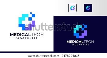 Medical Tech Logo Design. Cross logo with digital pixel colorful logo design graphic symbol icon vector