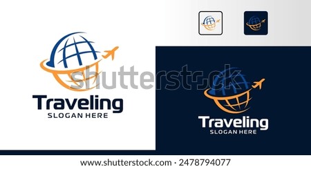 Travel Logo Design. Abstract globe with airplane logo design graphic symbol icon vector