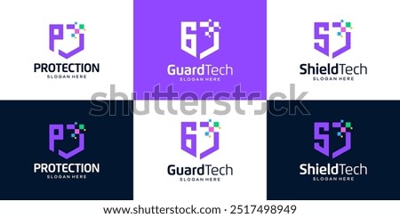 Set of Abstract shield logo design vector. Colorful data digital technology security with initial letter design icon