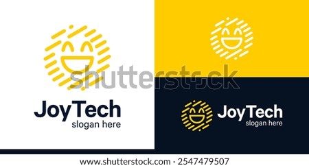 Joy tech logo design. Smile logo with global data technology design. vector icon symbol.