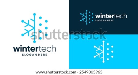 Winter technology design logo. Snowflake logo with technology data connection symbol style design vector icon