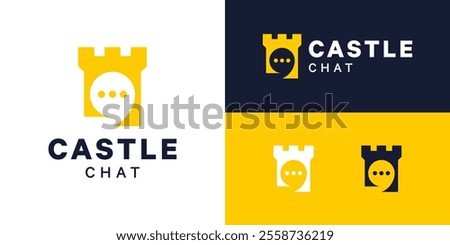 Online fortress building logo design. Castle logo with chat bubble design vector symbol icon