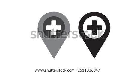 Hospital map pin location icons. Map pin location with red cross icon symbol in line and flat style for apps and websites. GPS, markers on white background. Vector illustration