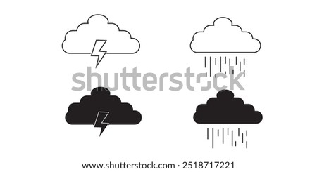 Rainfall icon set. heavy rain cloud vector symbol in black filled and outlined style.