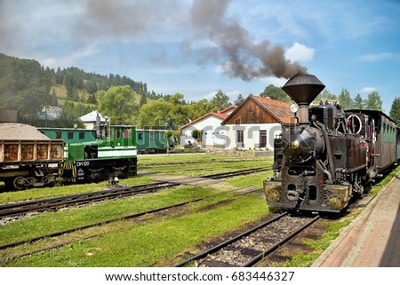 Ciernohronska Railway in village Cierny Balog, Slovakia. Locomotive on the train station in Cierny Balog. Zdjęcia stock © 